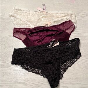 Victoria's Secret Lace and Satin Panty Trio - Black, Burgundy, White